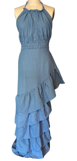 NWT ~ Women's Sexy Blue Ruffled Backless Halter Maxi Beach Dress ~ Size XL thumbnail 1