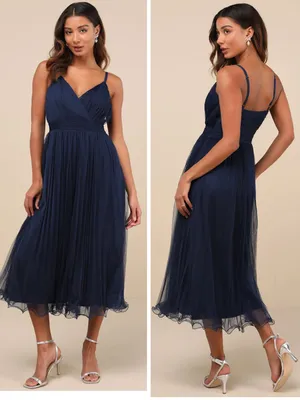 Lulus Exemplary Aura Navy Tulle Surplice Midi Dress Size Large Sleeveless Formal thumbnail 2