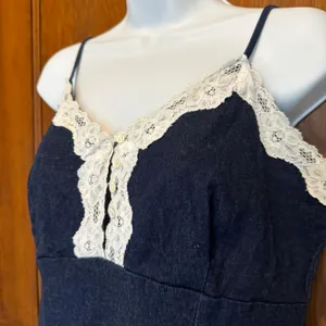 Fashion Bug Vintage Denim Lace Trim Slip Mini Dress M Babydoll Y2K 90s Coquette Ruffle‎ Fem thumbnail 4