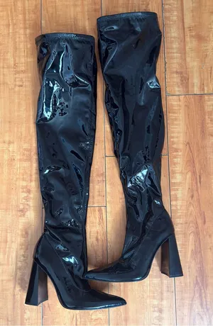 Zara Black Patent Over-The-Knee Block Heel Boots thumbnail 1