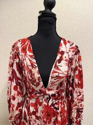 En Creme Floral Mini Dress Boho Cottagecore Open Back Plunge Long Sleeve M thumbnail 4