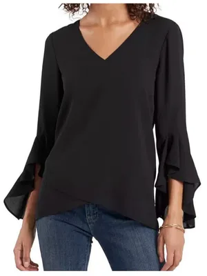 Vinci Camuto Women’s V-Neck 3/4 Sleeve Flutter Sleeve Black Blouse Size Large thumbnail 1