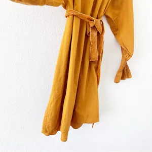 DOEN Miro Golden Hour Mustard Smocked Neck Waist Tie Boho Cottagecore Mini Dress thumbnail 6
