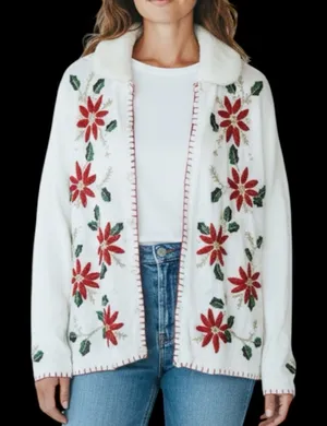 VINTAGE Victoria Jones White Embroidery Christmas Cardigan size L thumbnail 1