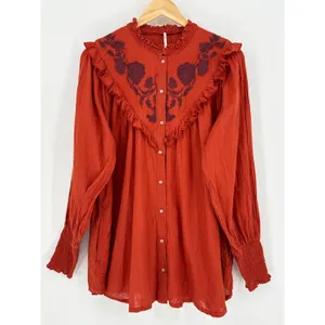 Free‎ People Rose Vines Top Women Small Rust Orange Embroidered Ruffle Smocked thumbnail 4