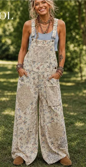 NWT POL Touch of Flowers Crochet Patch Overalls, Cream Floral Patchwork thumbnail 1