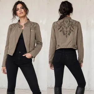 Free People Moto Jacket Women 4 Brown Olive Eyelet Embroidered Linen Cotton thumbnail 2