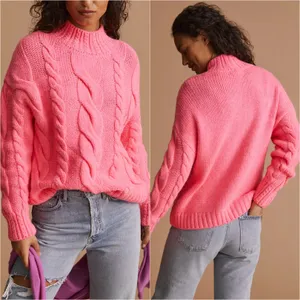 Anthropologie Sweater Mock Neck Cable-Knit Long Sleeve Neon Pink XXS thumbnail 2
