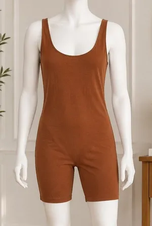 Poshdivah Women Romper Bodysuit Brown Solid Sleeveless Large thumbnail 1
