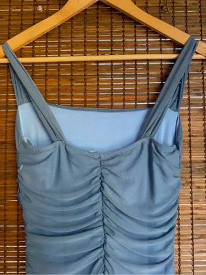 Lulus Amazing Presence Slate Blue Mesh Ruched Maxi Dress NWOT Small $79 thumbnail 9
