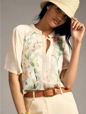 Anthropologie TINY Eliana Embroidered Floral Top Ivory Small NWT thumbnail 1