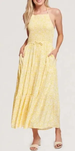 LOST + WANDER Sweet Summer Daze Tiered Halter Midi Dress Yellow BOHO NWT XS thumbnail 1