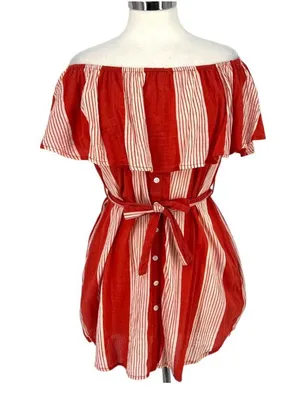 Faithfull The Brand Amalfi off-Shoulder Rust Red Striped Mini Dress Size Small thumbnail 1