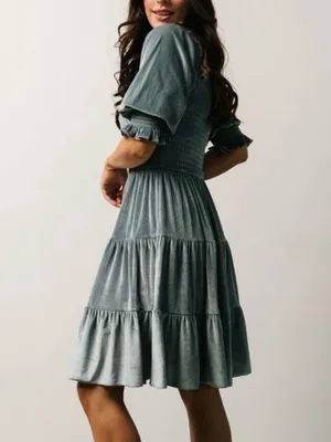 Baltic Born Slate Blue Velvet Smocked Tiered Puff Sleeve Midi Dress Size M thumbnail 2