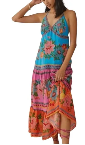 Farm Rio size small new Vibrant Floral Halter Midi Dress Anthropologie slip thumbnail 1