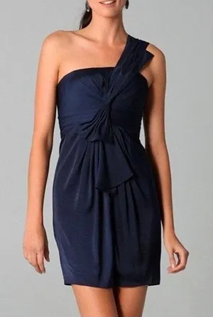 BCBG Maxazria Satin One Shoulder Mini Dress Size 6 Navy Blue Cocktail Event thumbnail 1