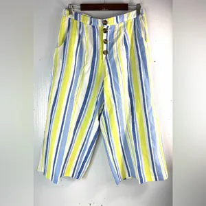 a.n.a L Linen Blend Beachcomber Striped Wide Leg Ankle Pants - Blue and Yellow thumbnail 9