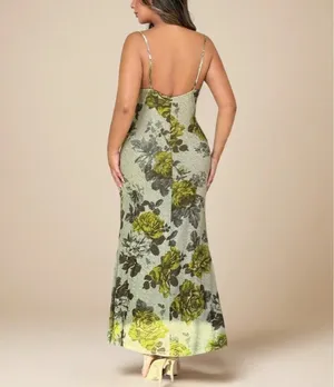 Women's Elegant Floral Print V-Neck Spaghetti Strap Backless Mesh Dress With Big Flower Print thumbnail 2
