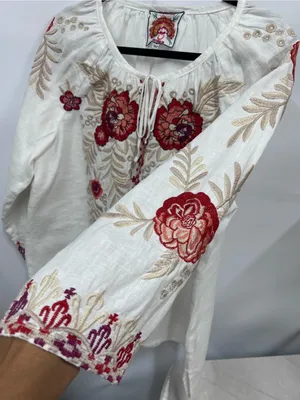 Johnny Was White Embroidered Floral Peasant linen Maya Blouse xl FLAWED thumbnail 5