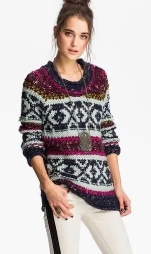 FREE PEOPLE Silver Reed Chunky Knit Fairisle Fair Isle Sweater Wool Linen Small thumbnail 1