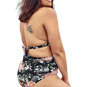 Cupshe Bikini Set Womens Medium Black Floral‎ High Waisted Halter Swimsuit NWT thumbnail 12