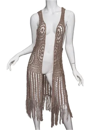 💖 Tan Sheer Open Knit Crochet Fringe‎ Duster Vest Boho Western Festival Hippie thumbnail 1