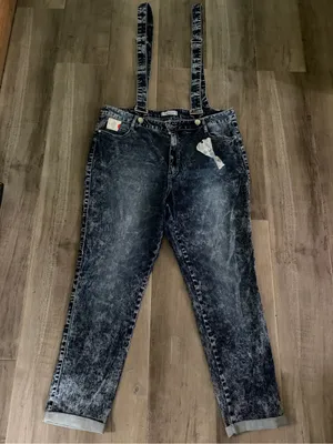 NWT Acid Wash Suspender Jeans Overall Pants Dark Wash - Size 18 thumbnail 1