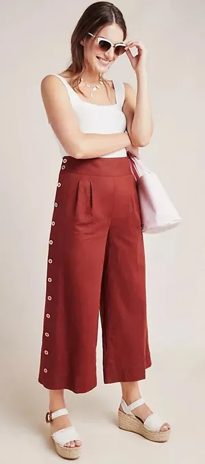Anthropologie Wide Leg High Waist Linen Pant Button Leg Detail Size 4 thumbnail 1