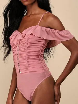 NWT Lulus Elegant Posture Mauve Pink Mesh Ruched Cold-Shoulder Bodysuit Size XS thumbnail 1