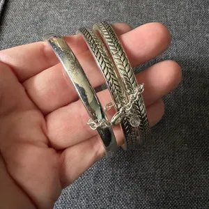Silver Stacked Chunky Bangles Fashion Bracelets - Set of 3 - Costume Jewelry thumbnail 3