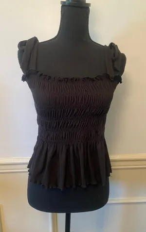 Altar'd State Black Smocked Peplum Tie-Strap Tank Top Size M Made in USA thumbnail 1