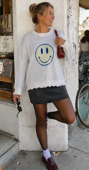 Miss Sparkling Smiley Face Graphic Distressed Knit Crewneck Sweater thumbnail 1