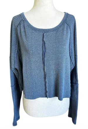 Altar'd State Womens Small Blue Waffle Knit Cropped Thermal Top Pullover | 0197 thumbnail 1