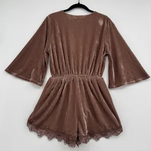 Velvet Romper Lace Trim Boho Festival Bell Sleeve Mauve Brown Festival Trendy S thumbnail 2