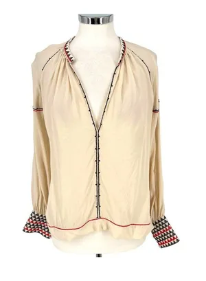 Magali Pascal Alexi Blouse Natural Boho Embroidered Cuff Peasant Top Size Large thumbnail 1