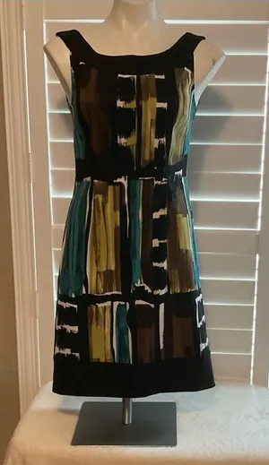 dressbarn Black Mini Dress with Teal and Olive Abstract Blocks thumbnail 1