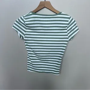 Hollister Ribbed Seamless Fabric Scoop Baby Tee Size Small Green White Stripes thumbnail 4