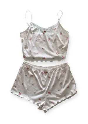 SHEIN Floral Lace-Trim Cami & Short Sleep Set - White with Pink Roses thumbnail 1