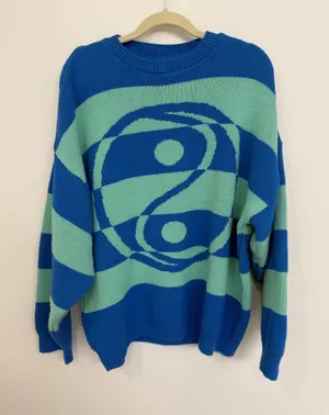 TopShop Blue & Mint Striped Graphic Sweater - Women size 8-10 thumbnail 1