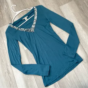 Abercrombie & Fitch Top sequin v neck long sleeve womens Blue (small) vintage thumbnail 1