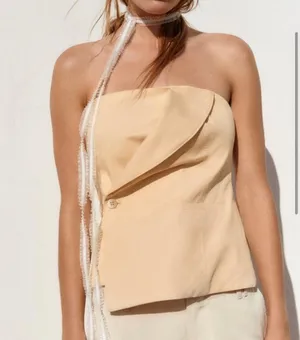 Zara NWOT gabardine light, yellow, zipper, back strapless button front tube top thumbnail 2