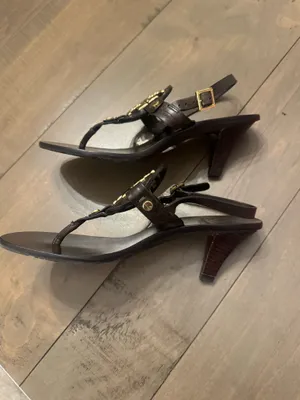 Tory Burch Size 6 Holly 2 Sandal Kitten Heel Brown Leather thumbnail 5
