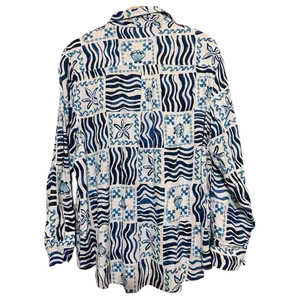 True Destinations L Blue White Nautical Hawaiian Long Sleeve Button Down Shirt thumbnail 3