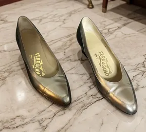Salvatore Ferragamo Women's Metallic Pewter Pointed-Toe Flats thumbnail 1