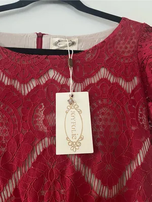 NWT Red Lace Tiered Maxi Dress 14 Flutter Sleeve Romantic Cottagecore Wedding thumbnail 4