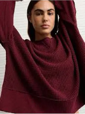 AE This Feels Lived In Hug Waffle Crew Neck Sweatshirt Burgundy Size XS Oversize thumbnail 1