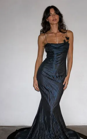 Vintage Zum Zum Blue Black Mesh Overlay Maxi Dress Prom Formal Gown 90s Y2K thumbnail 1