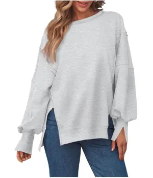 Trendy Queen‎ Oversized Gray Sweatshirt Womens Medium Side Slit Boho Raw Seam thumbnail 1