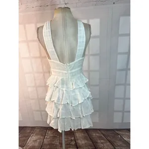 Saints & Secrets White Plunging Neck Ruffle Tiered Sleeveless Mini Dress Medium thumbnail 6