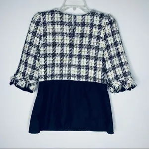 Zara Tweed Houndstooth Peplum Top Fringe Trim Contrast Blouse XS EUC thumbnail 5